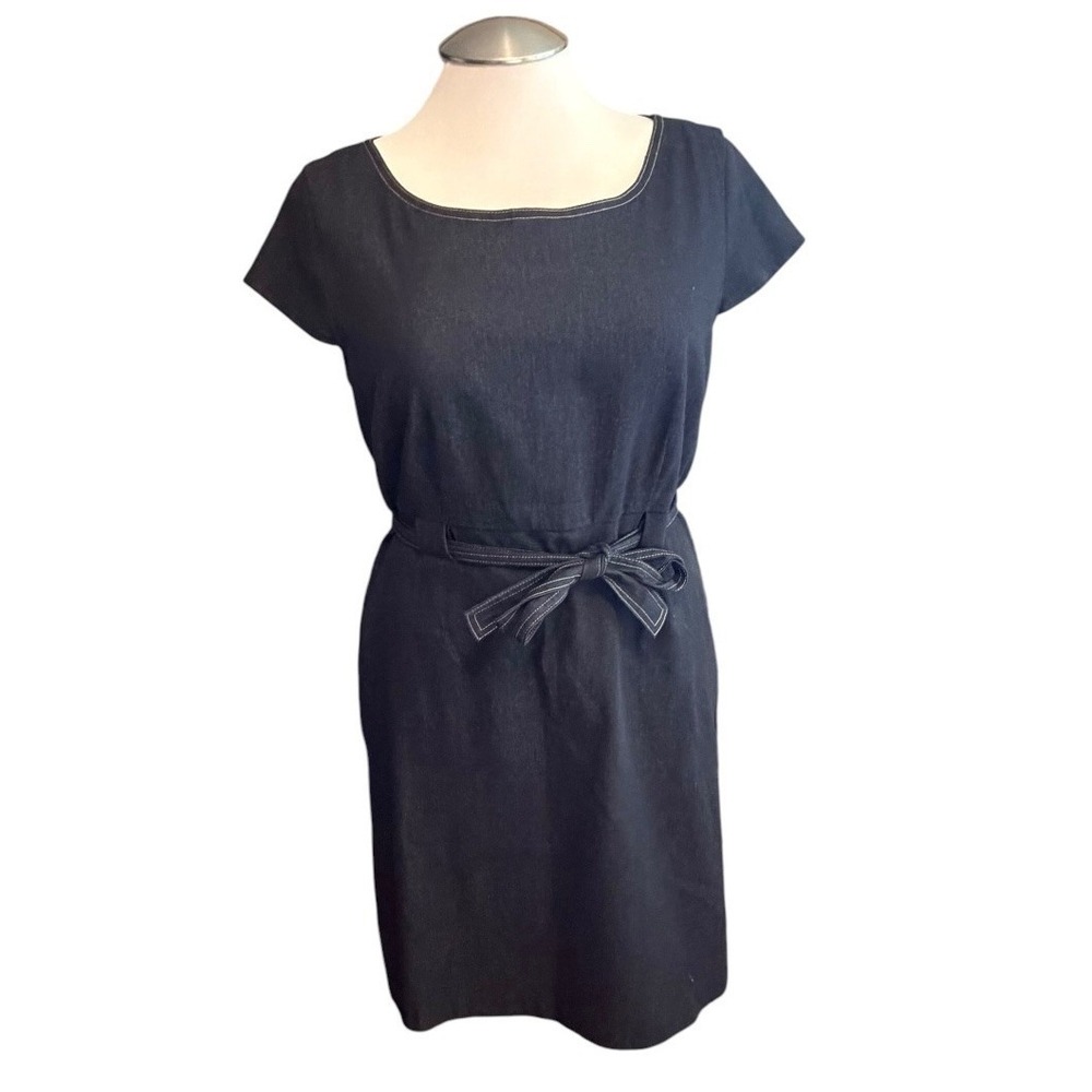 Studio I Womens Dark Wash Denim Sheath Dress Short Sleeve Tie Waist Blue Size 16